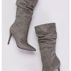 Jessica Sympson Layzer Silver Slouch Rhinestone Stiletto Boots